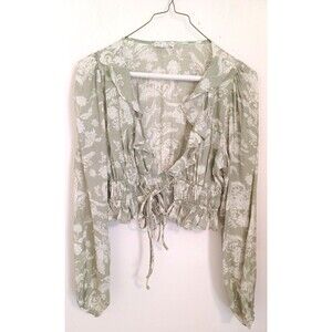 Endless Blu V Neck Floral Open Front Blouse S Sage Green Tie Waist Boho Coquette